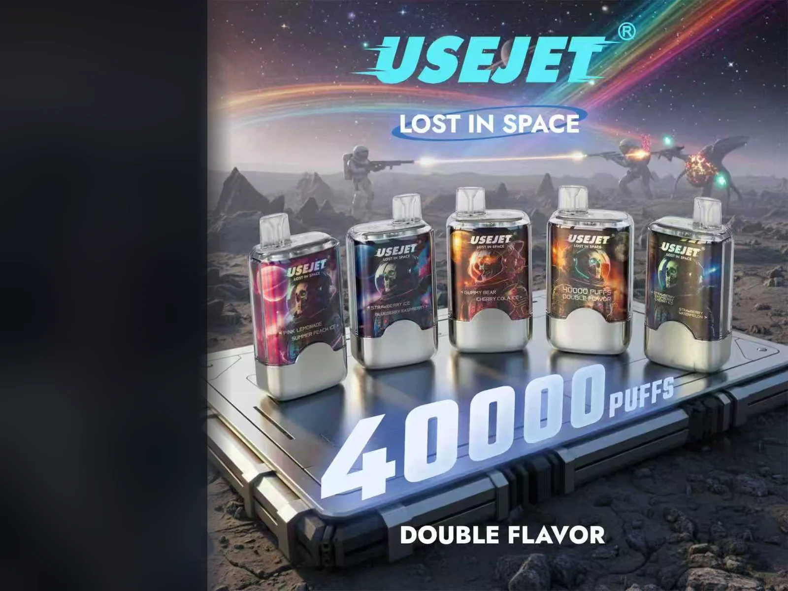 USEJET devices in dark finishes displayed against a space-inspired background.