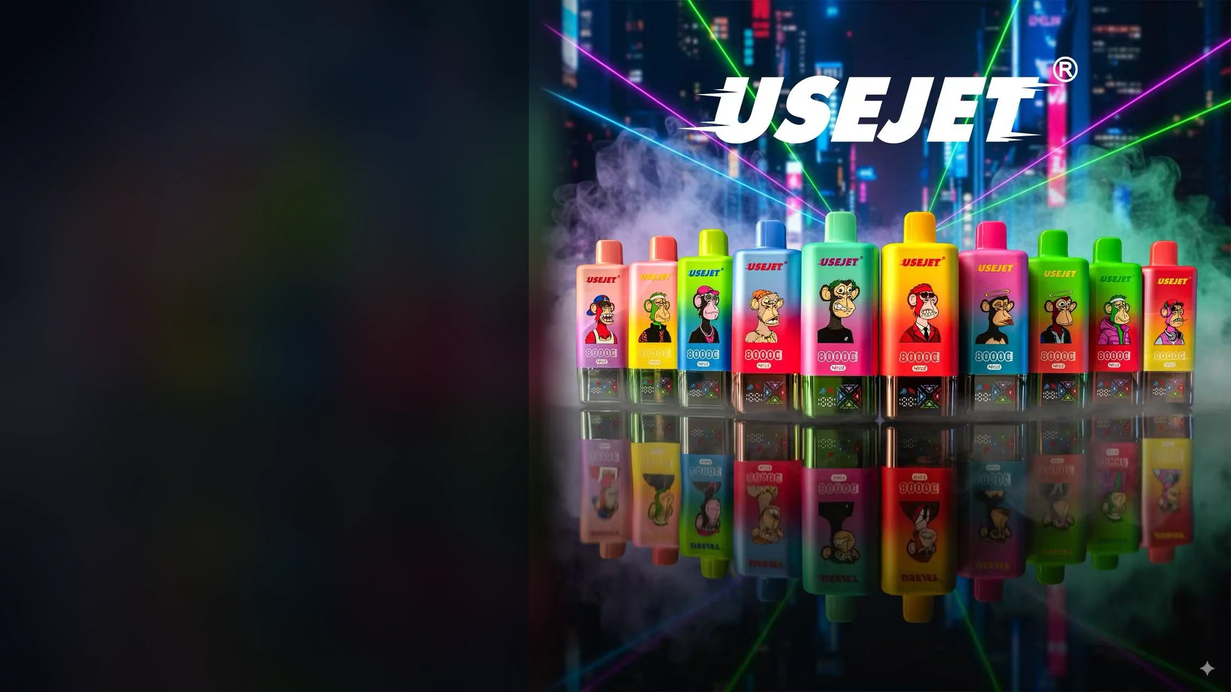 USEJET devices arranged on a neon-lit stage in multiple colors.