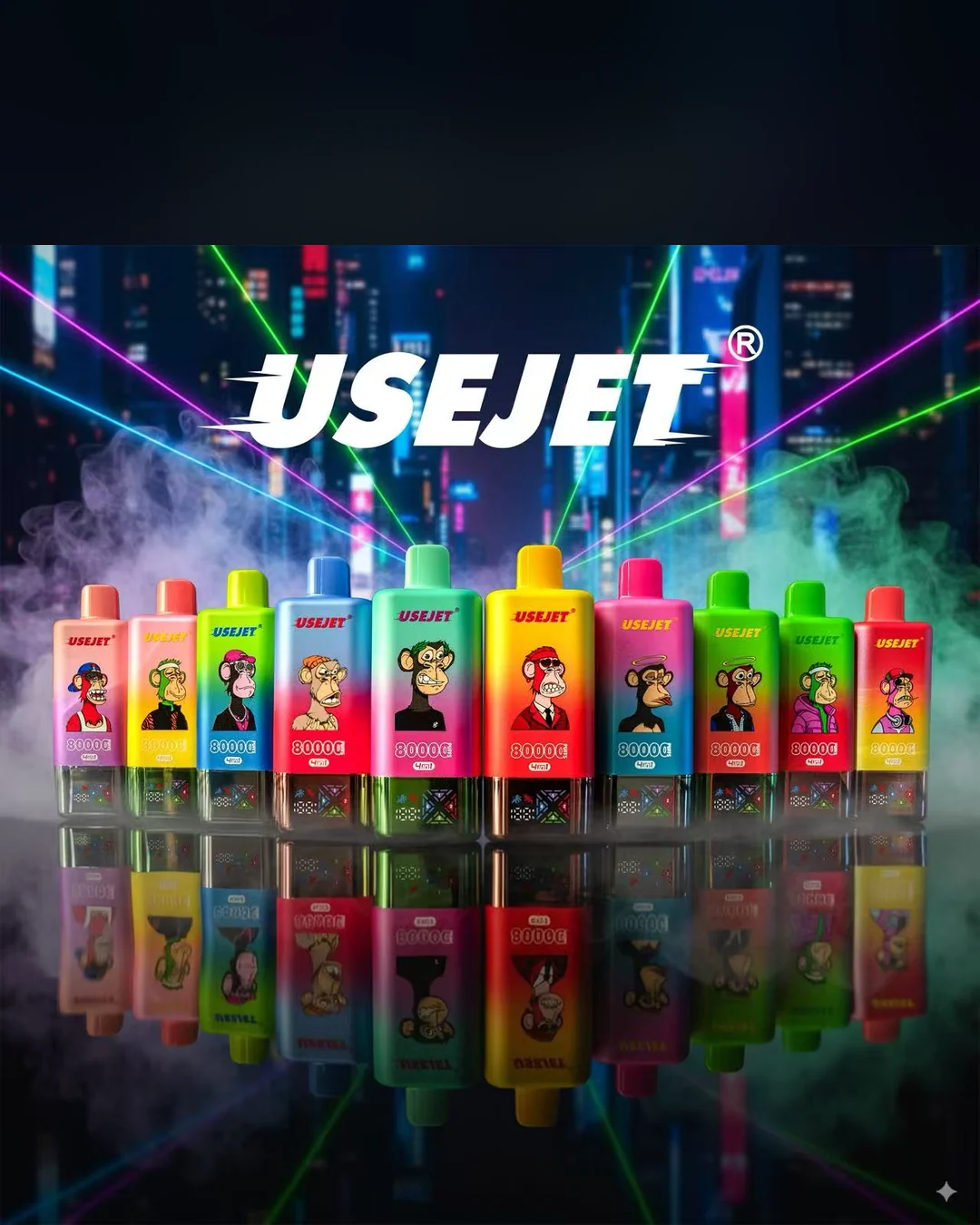 USEJET devices arranged on a neon-lit stage in a mobile portrait composition.