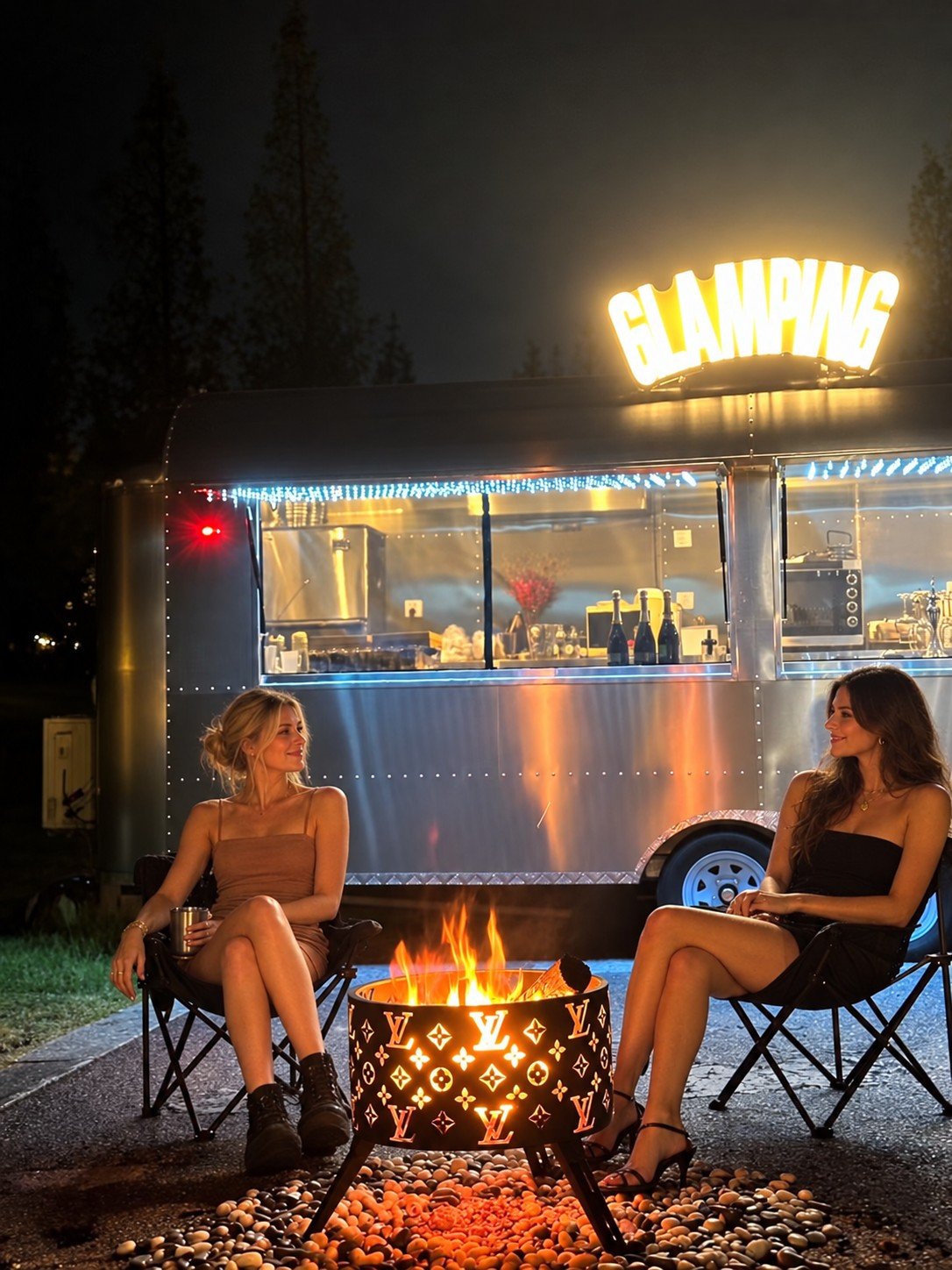 Outdoor fireside gathering with two seated adults